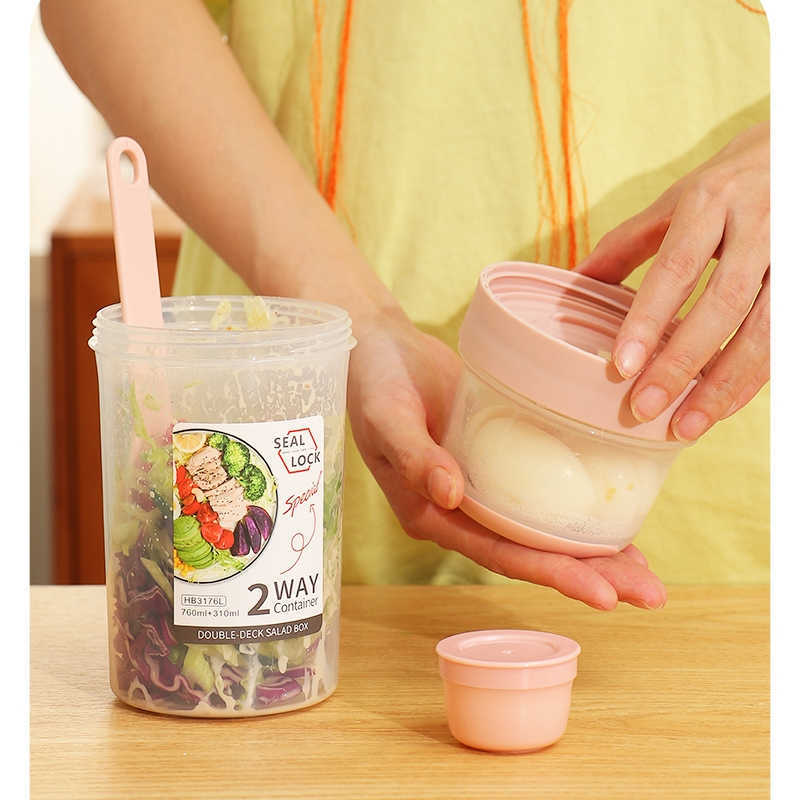 Portable Salad Cup Two-layers Breakfast Oatmeal Cereal Seal Cup Container with Fork Cup Lid Tuppers Food Taper Bowl Lunch Box