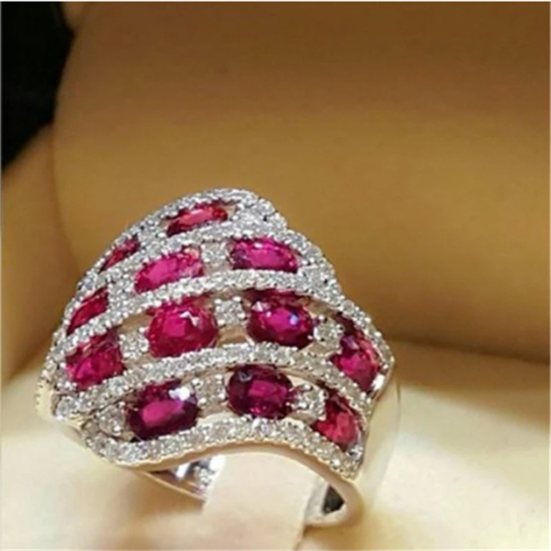 Luxe Vrouwelijke ring Wit Goud Gevuld Sapphire Ruby Zirkoon Engagement Wedding Band Ringen voor vrouwen mannen Finger Party Sieraden