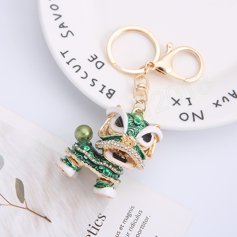 Crystal Rhinestone Keychain Chinese Dance Lion Key Holder Creative Ethnic Keyring Car Accessories Bags Pendant Festival Gift