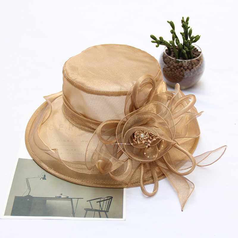 Szerokie brzegowe czapki Summer Organza szerokie krem ​​przeciwsłoneczny Kentucky Derby Hats for Women Elegant Flower Sun Hat Church Wedding Party Foolble Beach Capsun Block HKD230625