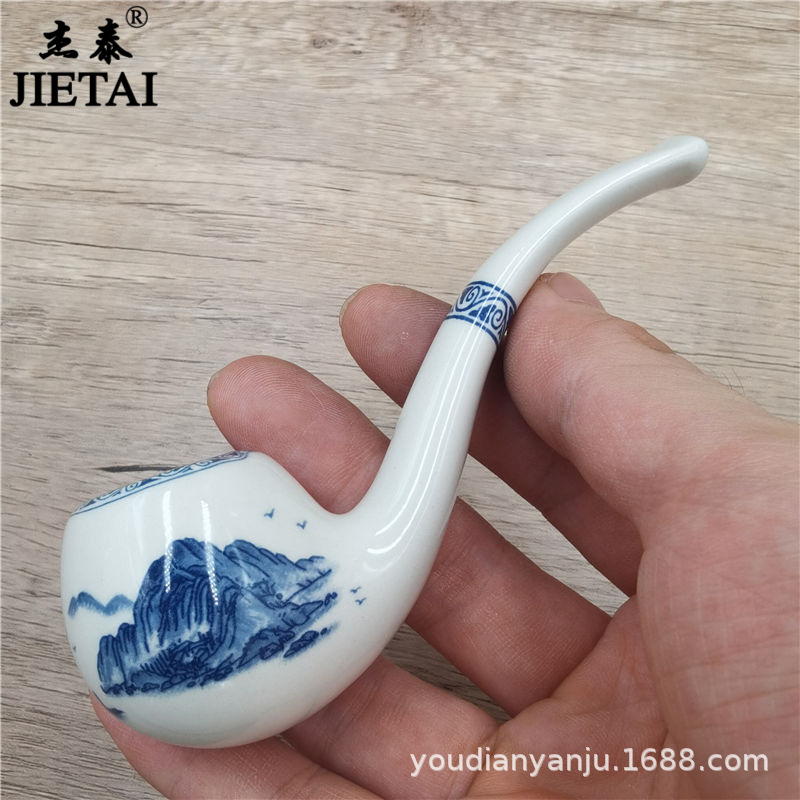 喫煙パイプは新しい青と白の陶器パイプ、古いスタイル、シンプルな陶器の乾燥タバコバッグ、性格の男