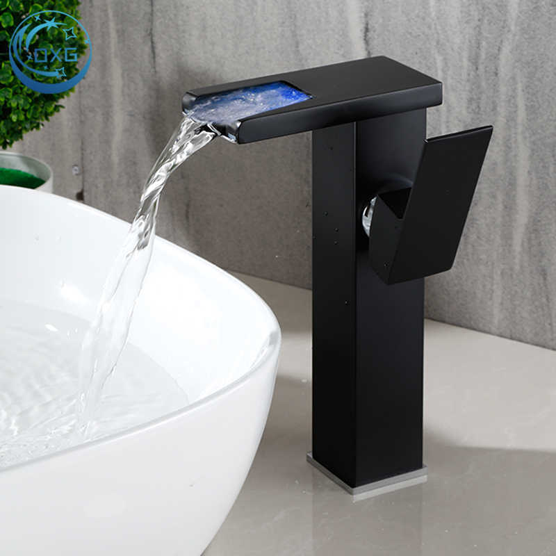 Laiton LED cascade salle de bain bassin robinet ensemble eau chaude froide mélangeur grue évier robinet changement de couleur alimenté par des robinets de débit d'eau