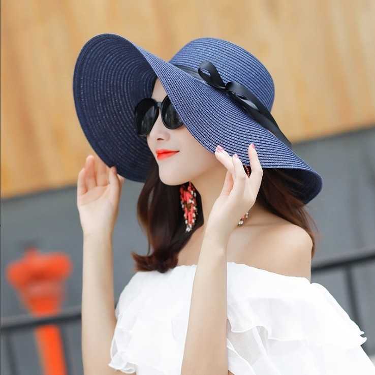 Breda randen hattar sommar breda grim vita stråhattar stora solhattar för kvinnor UV -skydd Panama Floppy Beach Hats Ladies Bow Hat Chapeau Femmesun Block HKD230625