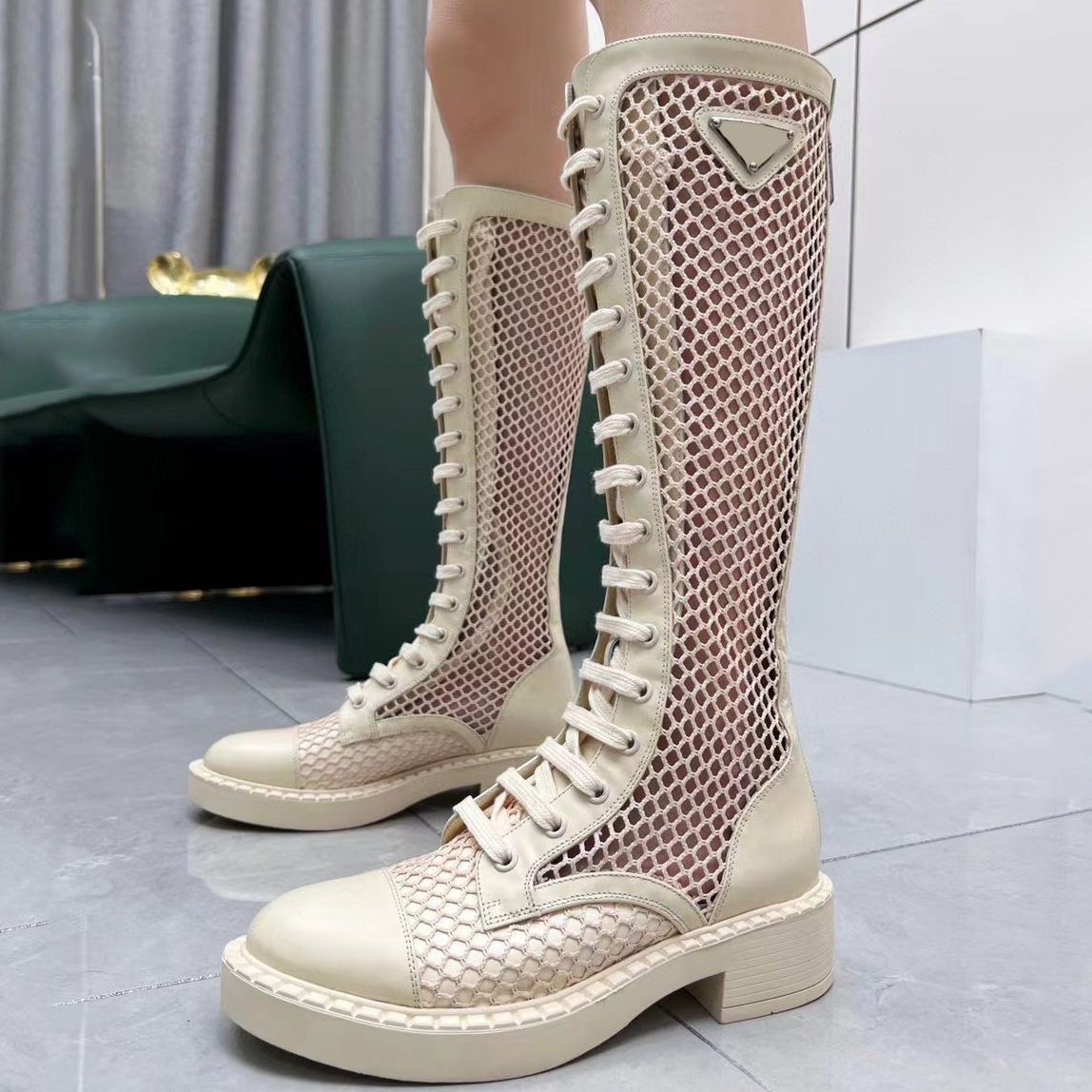 Boots Mesh Knee Boots Fashion Martin Knight boots thigh-high Round toe Booties for women luxury Leather Lace up Rivet Boots