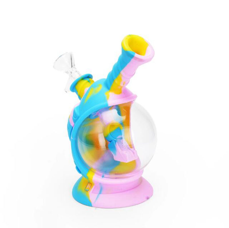 Colorful Spacecraft Style Silicone Bubbler Glass Pipes Kit With Handle Filter Funnel Bowl Dry Herb Tobacco Waterpipe Hookah Shisha Smoking Bong Holder Handpipes