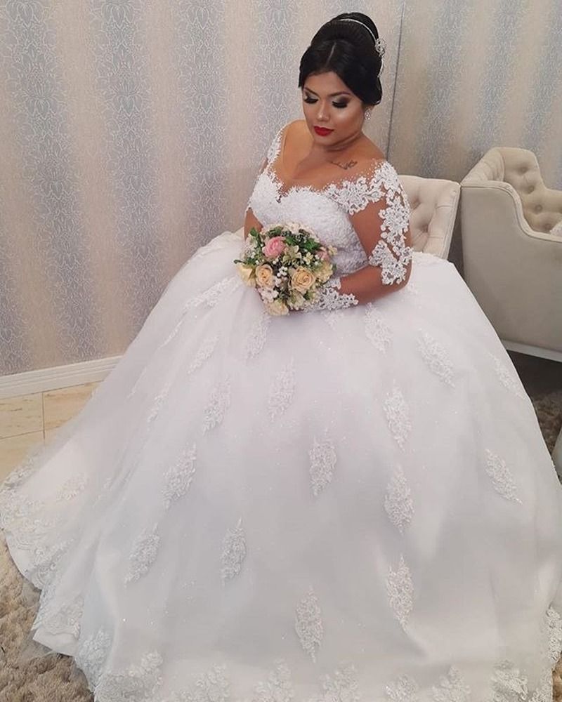 2024 sexy uma linha vestidos de casamento simples colher pescoço ilusão mangas compridas rendas apliques vestidos de noiva até o chão plus size vestido de noiva plus size