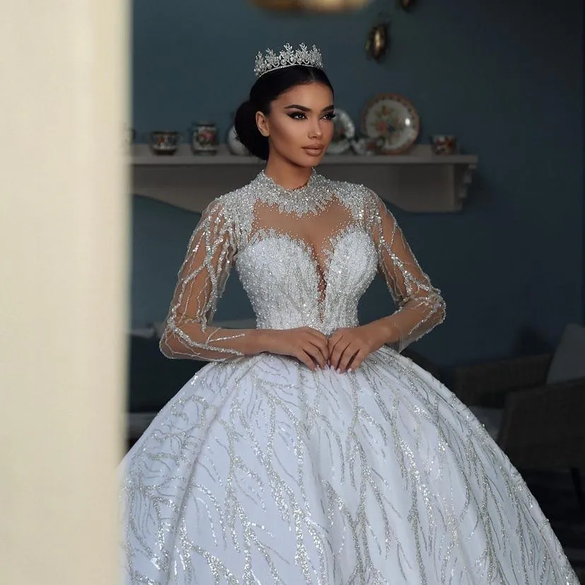 Vestido Wedding Dresses High Collar Long Sleeve Lace Applique Bridal Gowns Custom Made Sweep Train Ball Gown Wedding Dress Robes