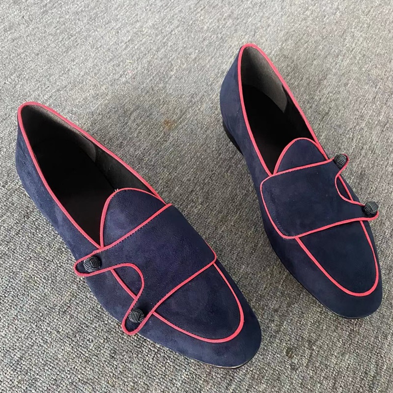 New Arrival Dark Blue Suede Loafers Monk Strap Shoes For Men British Style Slip On Leather Casual Shoes Mocassins Dress Shoes