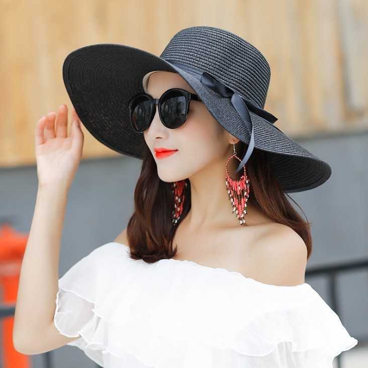 Breda randen hattar sommar breda grim vita stråhattar stora solhattar för kvinnor UV -skydd Panama Floppy Beach Hats Ladies Bow Hat Chapeau Femmesun Block HKD230625