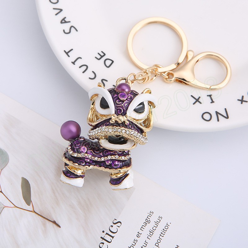 Crystal Rhinestone Keychain Chinese Dance Lion Key Holder Creative Ethnic Keyring Car Accessories Bags Pendant Festival Gift