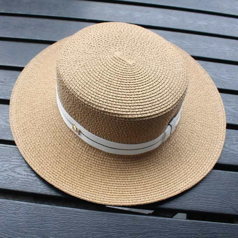 Breda brimhattar 2021 m bokstav Flat Top Straw Hat Ribbon Boater Beach Hat Women's Summer Wide Brim Fedora M Panama Straw Travel Sun Capsun Block HKD230625