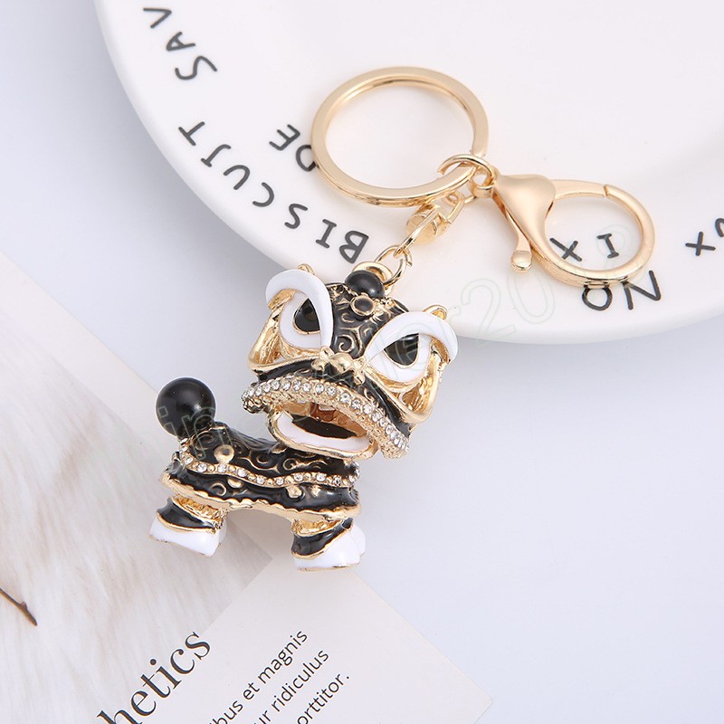 Crystal Rhinestone Keychain Chinese Dance Lion Key Holder Creative Ethnic Keyring Car Accessories Bags Pendant Festival Gift