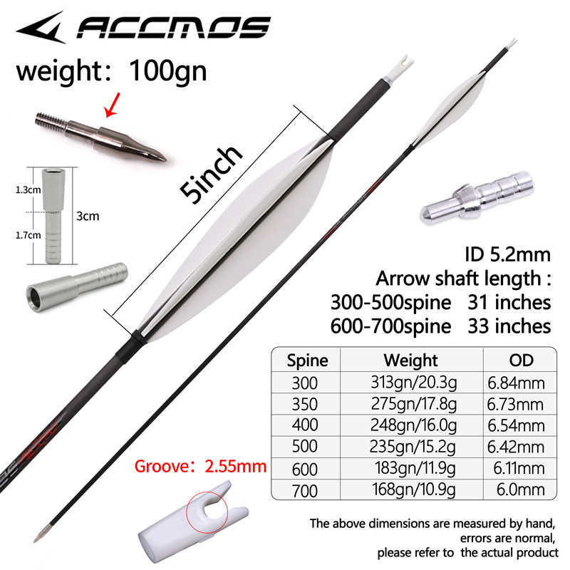 Arco Flecha 6/12 pçs Caça Tiro com Arco Flechas de Carbono Puro ID 5.2mm coluna vertebral 300/350/400/500/600/700 5in Peru Pena para Tiro com Arco CaçaHKD230626