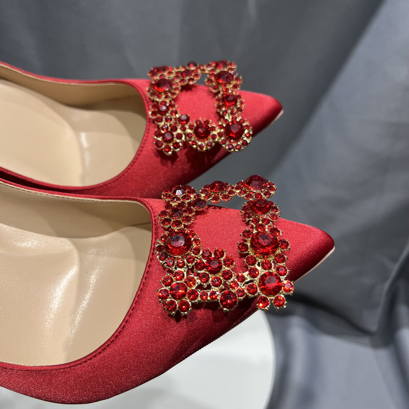 Rouge soie cristal boucles femmes pompes extrême haut talon bout pointu sans lacet pompes élégantes dames chaussures de fête