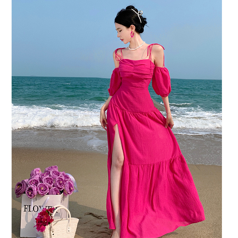 Robe longue de plage pour femme couleur rose rouge à manches courtes col slash spaghetti vent jag maxi SMLXL