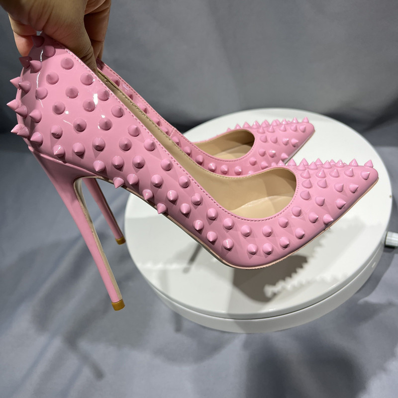 Meninas All Spikes Rebites Rosa Salto Alto Pontuado Salto Alto Italiano Festa Casamento Moda Sexy Bombas 33-45