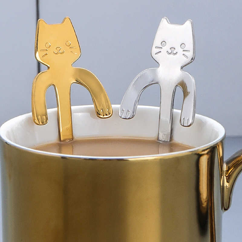 2024 4/Cute Cat Coffee Spoon Stainless Steel Teaspoons Tableware Dessert Snack Scoops Milk Ice Cream Spoons Kitchen Tableware