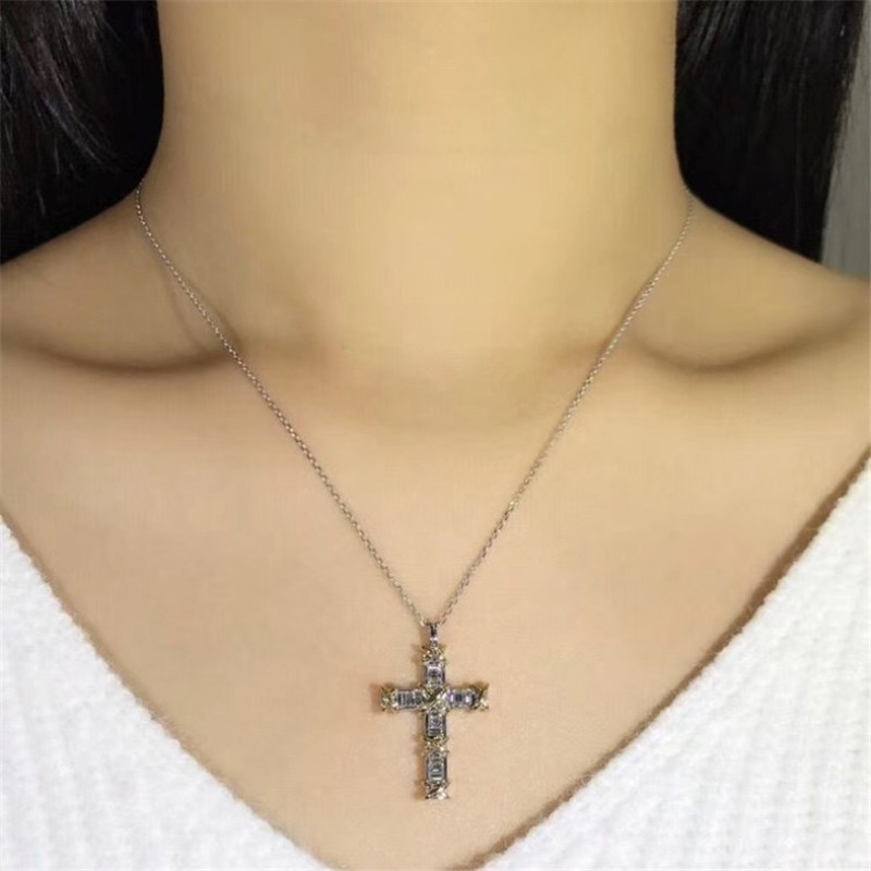 Vecalon Fashion Cross Pendant Real 925 Sterling SilverAAAAA ZIRCON CZ PARTY WEDDING PENDANT