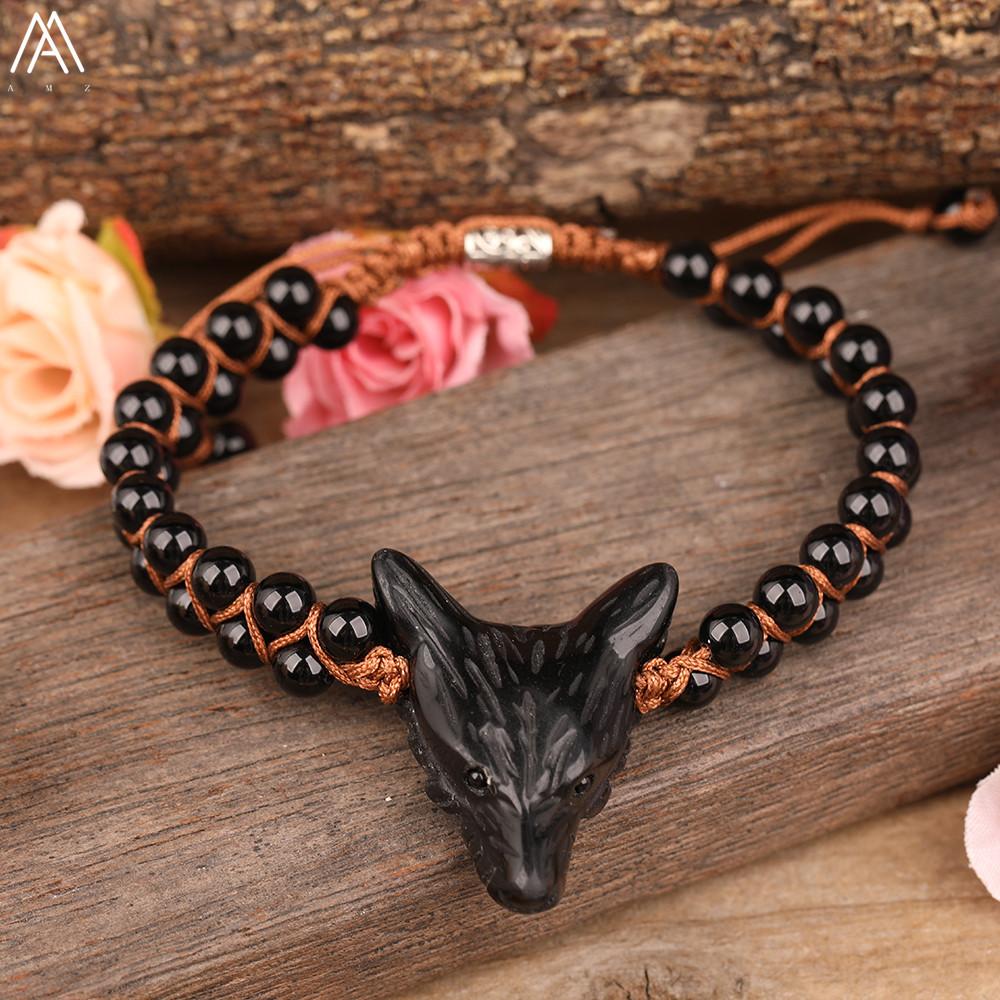 Bracelets Natural Gems Stone Craved Wolf Head Beads Knotted Braided Bracelets Women Quartz Stone Round Beads Adjustable Bracelet Dropship