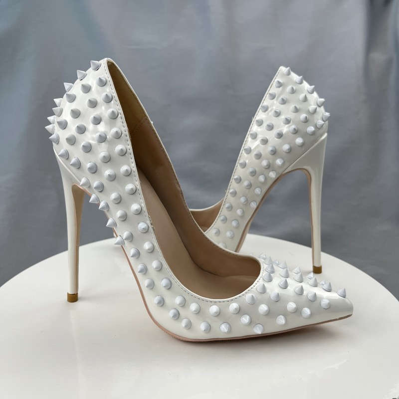 Пикантные все белые туфли-лодочки с шипами и заклепками на очень высоком каблуке 10 см, женские туфли-лодочки для вечеринки, свадьбы, модная женская обувь, большие размеры 33-45