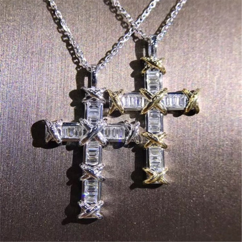 Vecalon Fashion Cross Pendant Real 925 Sterling Silver AAAAA Zircon CZ Party Wedding Pendants With Necklace For Women smycken