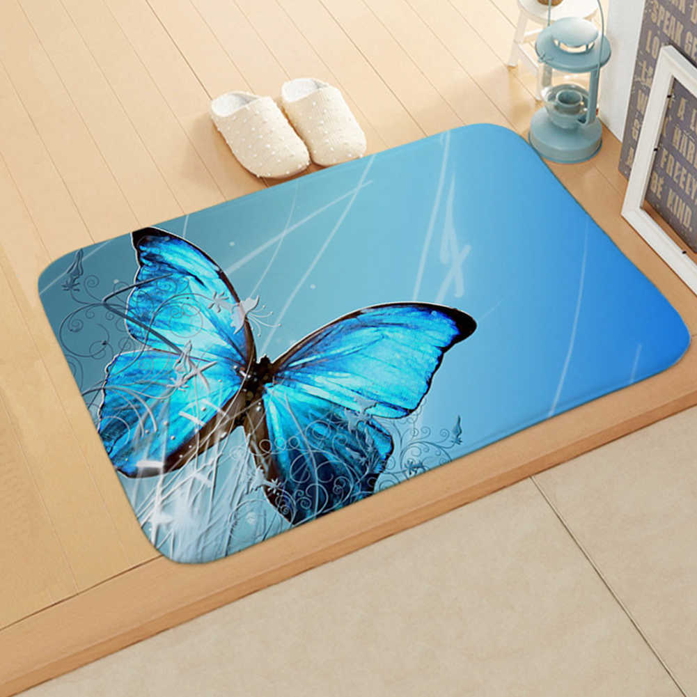 Flannel Blue Butterfly Absorbent Pad Hallway Kitchen Polyester Fiber Durable High Quality Living Bathroom Brand New