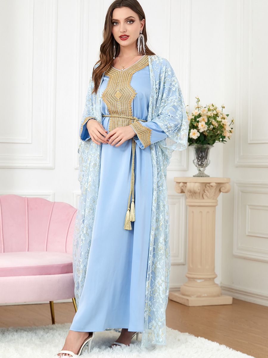 QNPQYX Nouveau 2 Pièces Ensemble De Luxe Dubaï Robe Musulman Abaya Femmes Arabe Robe Ethnique Dentelle Robes D'été Mode Kaftans Plus La Taille Jilbab Islam