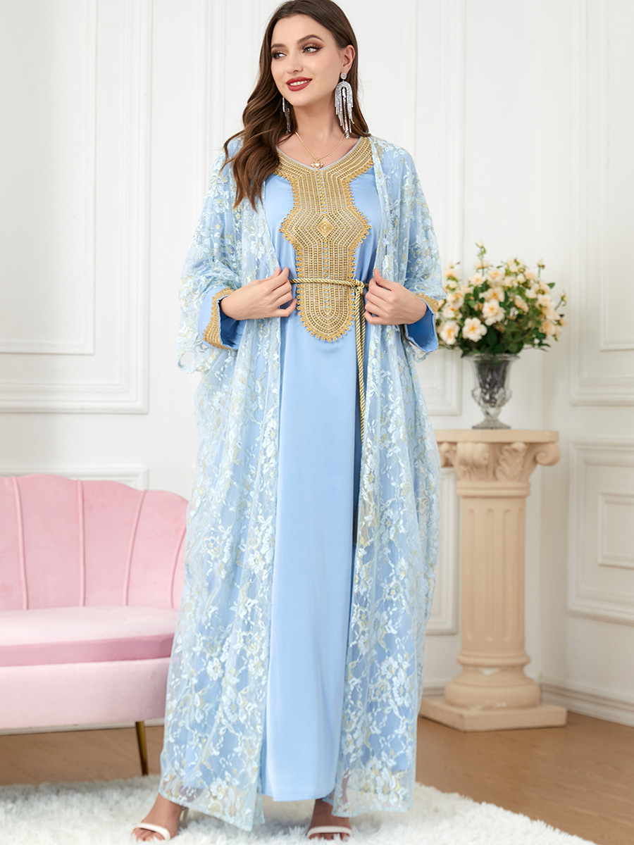 QNPQYX Nouveau 2 Pièces Ensemble De Luxe Dubaï Robe Musulman Abaya Femmes Arabe Robe Ethnique Dentelle Robes D'été Mode Kaftans Plus La Taille Jilbab Islam