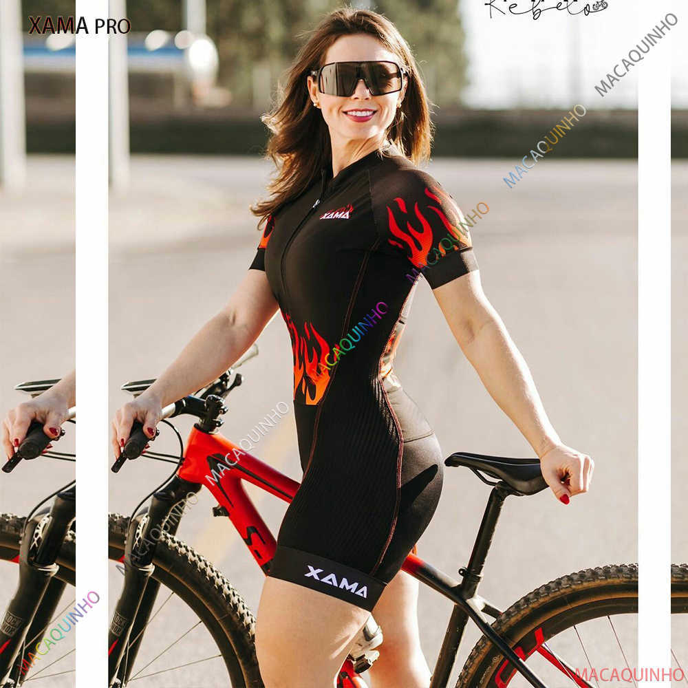 Vêtements de cyclisme Ensembles Macaquinho Ciclismo Xama Pro Combinaison de cyclisme pour femmes Robes de vélo à manches courtes Livraison gratuite Flamme StyleHKD230625