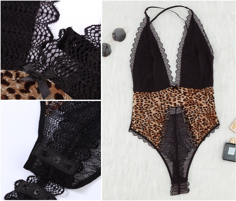 Bodys femininos de renda profunda com estampa de leopardo e recorte nas costas Teddy Lingerie