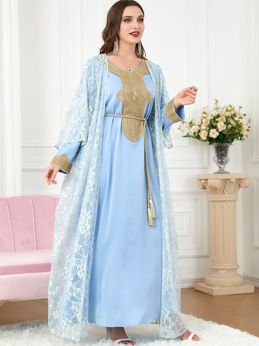 QNPQYX Nouveau 2 Pièces Ensemble De Luxe Dubaï Robe Musulman Abaya Femmes Arabe Robe Ethnique Dentelle Robes D'été Mode Kaftans Plus La Taille Jilbab Islam