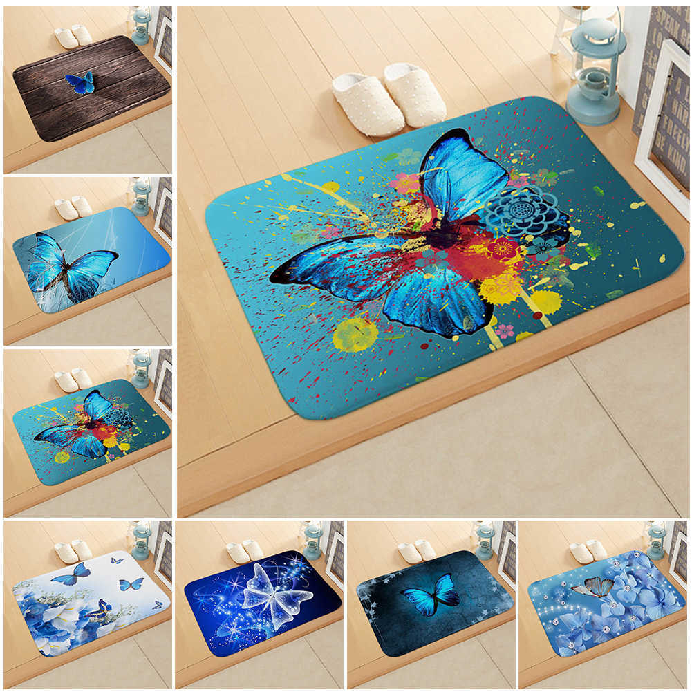 Flannel Blue Butterfly Absorbent Pad Hallway Kitchen Polyester Fiber Durable High Quality Living Bathroom Brand New