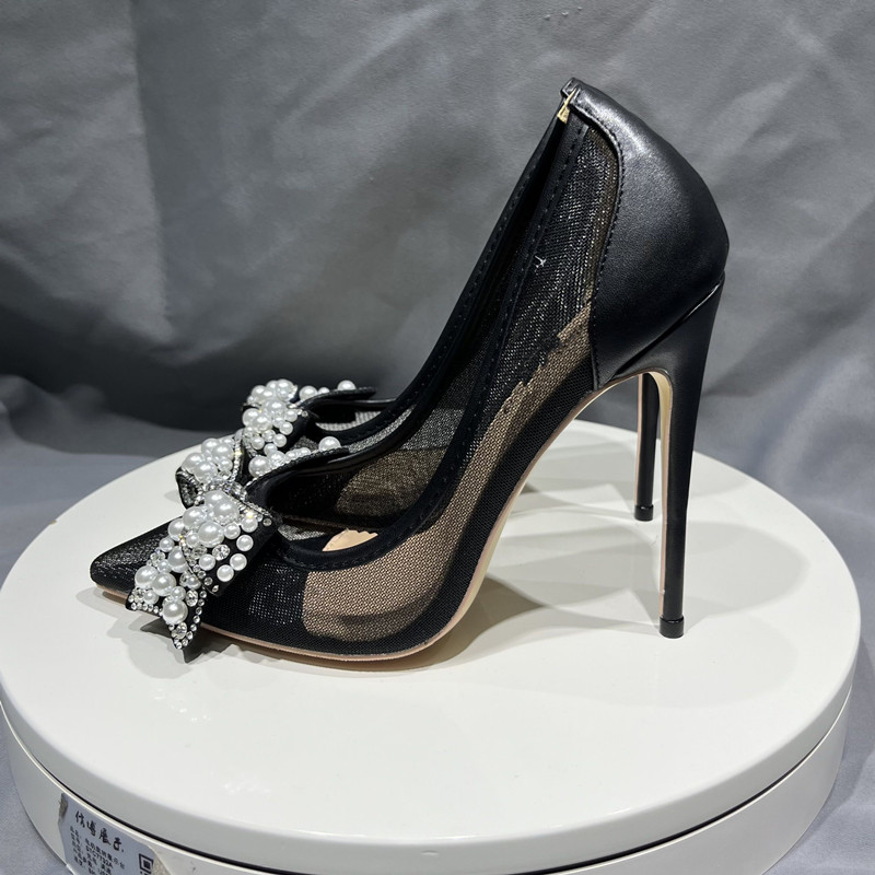 Вязаные с жемчугом туфли с острым носком, черные туфли на шпильке в сеточку, на высоком каблуке, 10 см, пикантные туфли без шнуровки для свадебной вечеринки, женские большие размеры 33-45