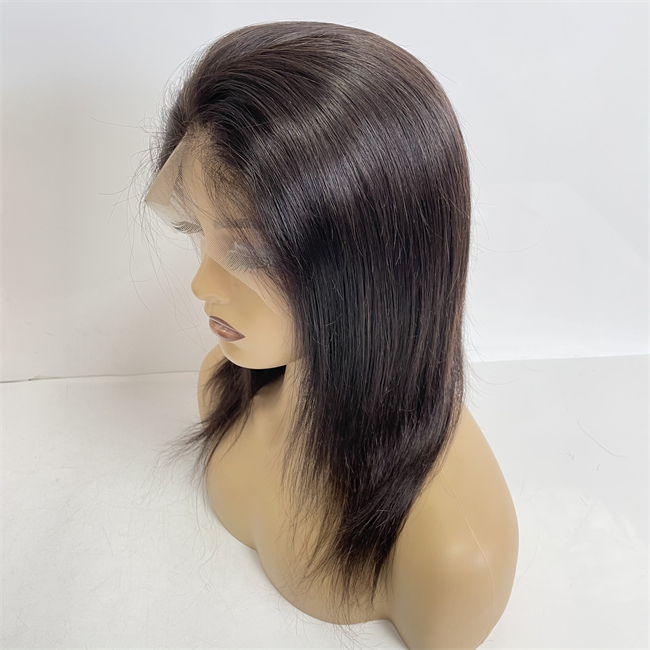 10 inches Short Peruvian Virgin Human hair 130% Density Silky Straight Full Lace with PU Perimeter Wig for Black Woman