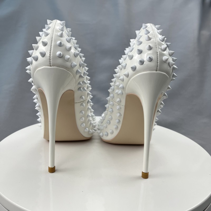 Пикантные все белые туфли-лодочки с шипами и заклепками на очень высоком каблуке 10 см, женские туфли-лодочки для вечеринки, свадьбы, модная женская обувь, большие размеры 33-45