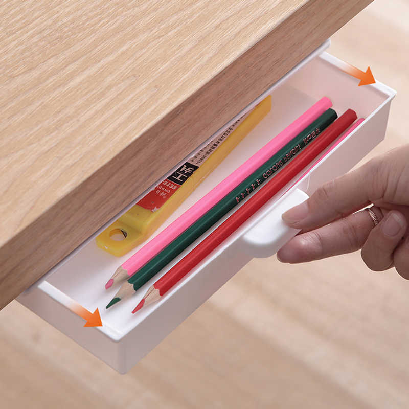 2024 Self Adhesive Pencil Tray Under Desk Drawer Storage Box Stationery Case Kitchen Knife Fork Container Home Office Organizer