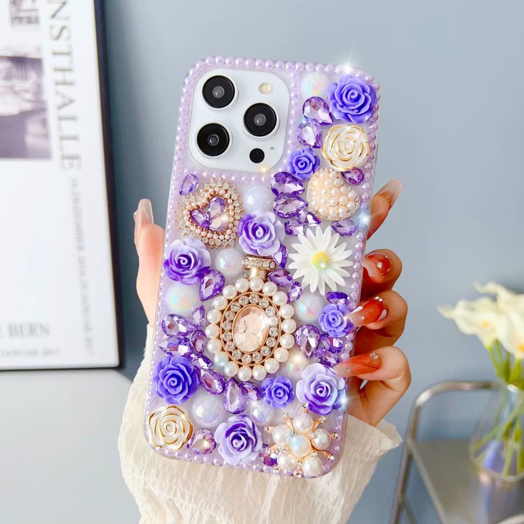 Роскошные Bling Diamond 3D Flower Case для iPhone 15 14 Pro Max 13 12 11 XR XS 8 7 плюс Shinny Hard Hard PC Акриловый страза Butterfly Love Hear