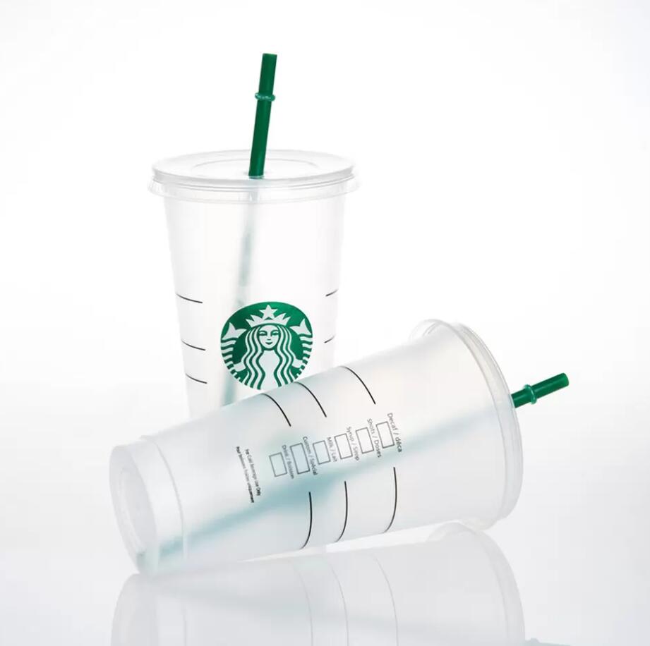 Starbucks Mugs 24oz 710ml Plastic Tumbler Reusable Black Drinking Flat Bottom Cups Pillar Shape Lid Straw FY4448 0626223D