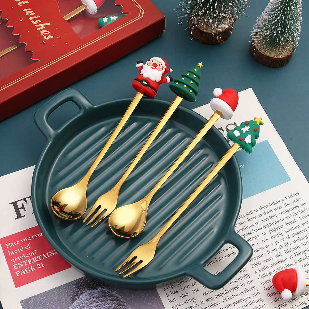 Nowy /zestaw świątecznych łyżki na zastawie stołowe z pudełkiem prezentowym Santa Hat Xmas Tree Spoon Fork Cutlery Set Dekoracja przyjęcia