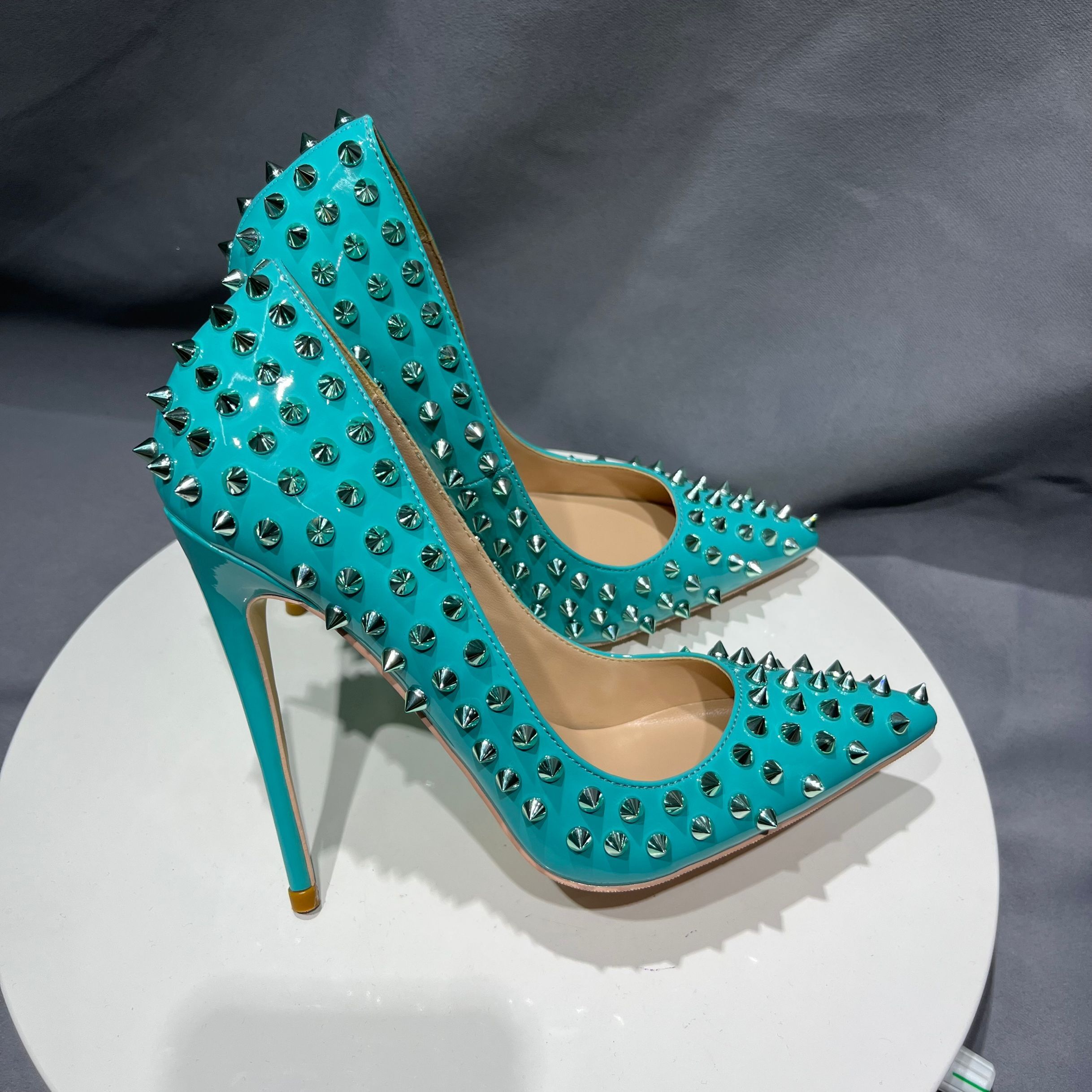 Tous les Spikes Rivets Cover Blue Fashion 12Cm High Heels Scarpins Pumps Stiletto Wedding Party Shoes Plus Size 33-45