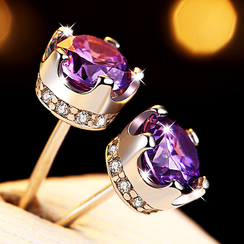 Plaqué Platine 18K Couronne Boucles D'oreilles Mode Féminine Tempérament Violet Diamant Boucles D'oreilles Brillant Cristal Boucles D'oreilles Simple Étudiant Stud bijoux de luxe