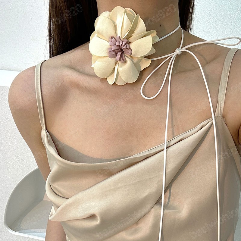 Long Rope Chains with Pink/White/Yellow Flower Choker Necklace for Women Elegant Collar 2023 Fashion Jewelry on Neck Accessories