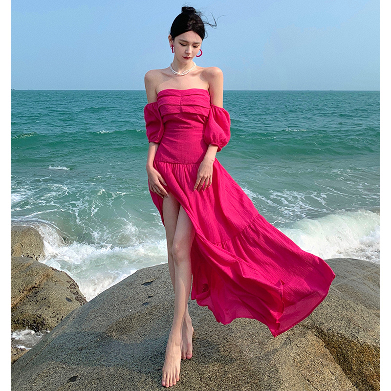 Robe longue de plage pour femme couleur rose rouge à manches courtes col slash spaghetti vent jag maxi SMLXL