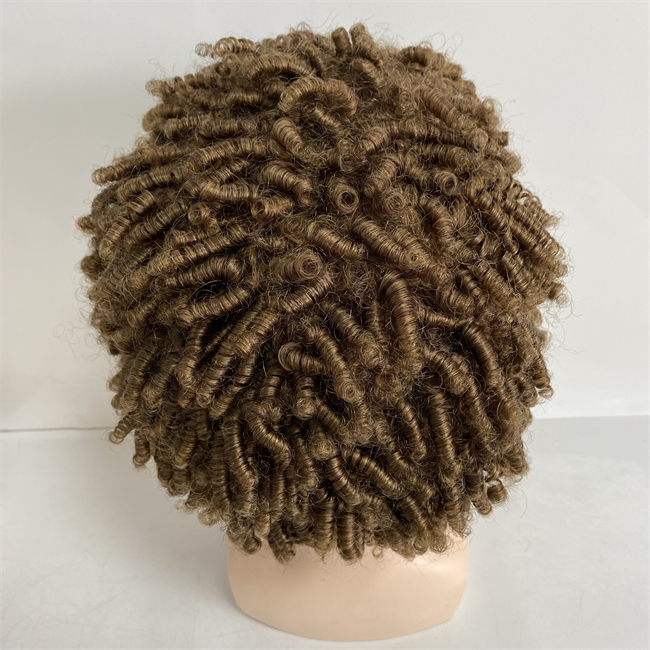 10 inch Braziliaanse Virgin Menselijk Haar Haarstukken 15mm Krul Lichtbruine Kleur 7 #150% Dichtheid Volledige PU Pruik voor Zwarte Vrouw