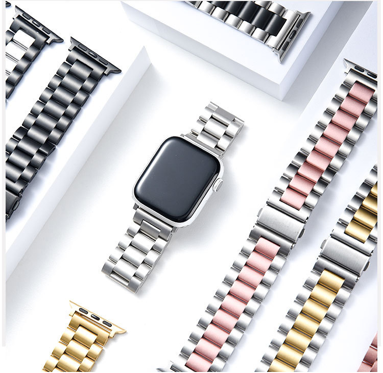 Stainless Steel Strap For Apple Watch 42mm 38mm Series 3 2 1 Metal Watchband 3 Beads Link Bracelet Band for iWatch Series 4 5 6 Size 40mm 44mm Series 7 8 Size 41mm 45mm 49mm
