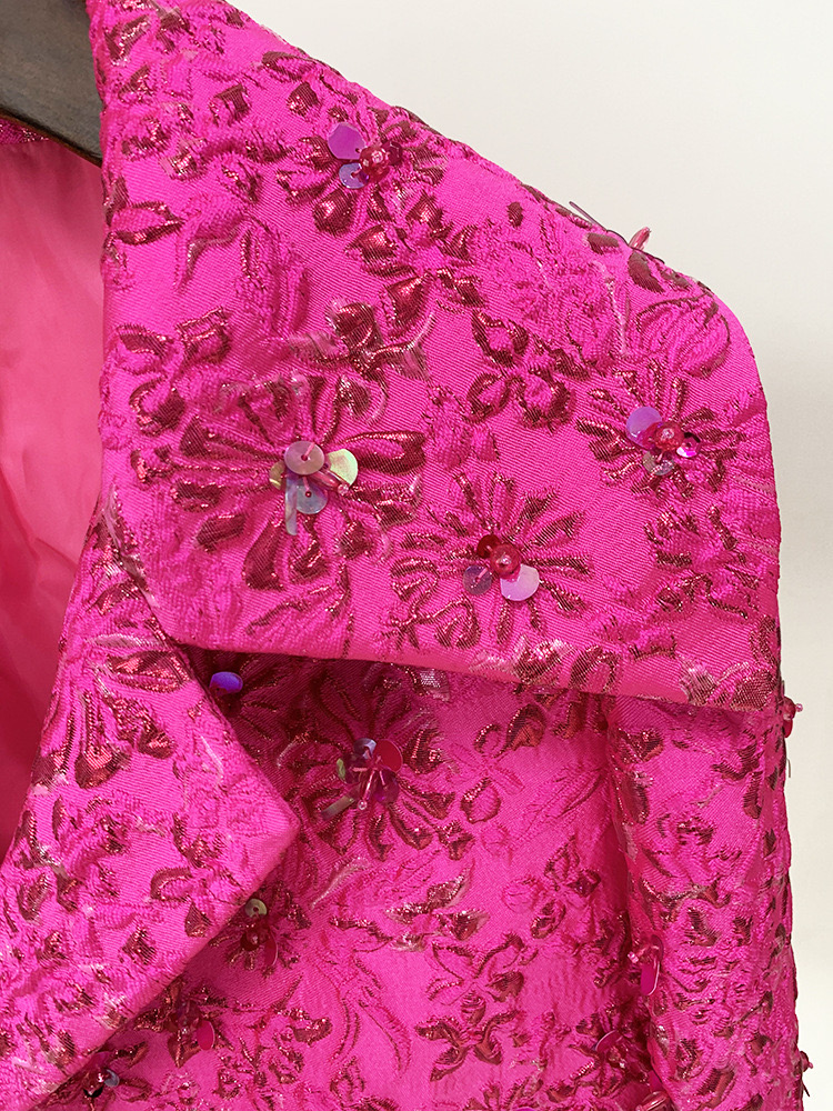 ブレザー +ミニスカートスーツラグジュアリーハンドメイド3Dフラワー刺繍ショートミニドレスホットピンク女の子のためのホットピンク