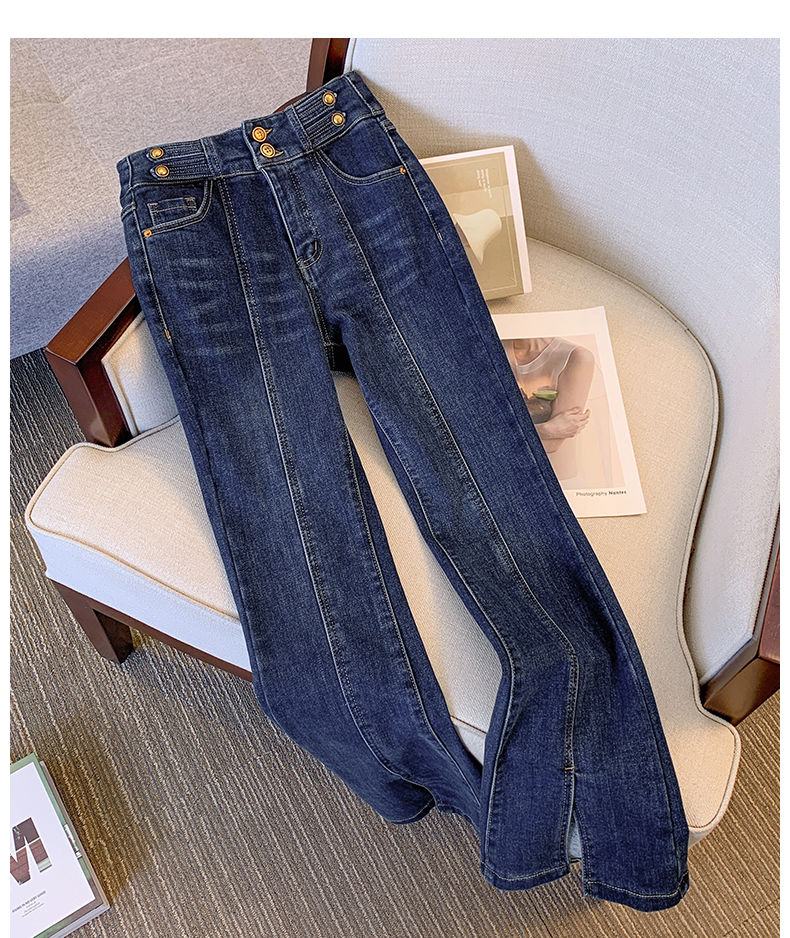 Kvinnors jeans vintage blå delad flare kvinnor vår höst koreansk hög midja smal golv svepande denim byxor svarta avslappnade byxor