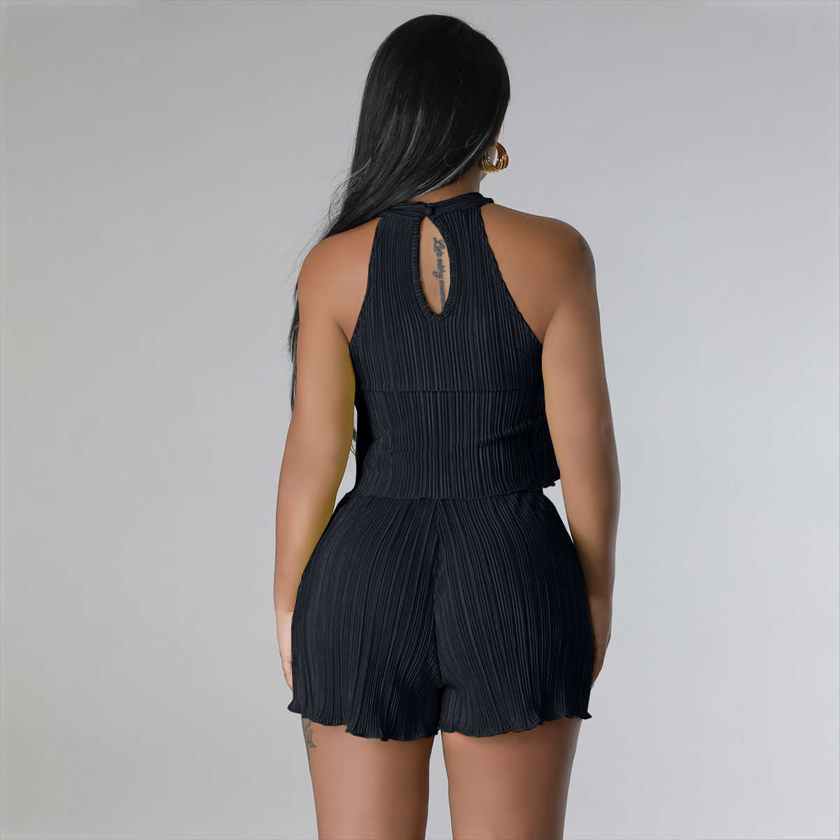 Mode survêtement femmes été décontracté deux pièces ensemble tissu plissé Sexy licou sans manches gilet Shorts ensemble 2 pièces costume tenues