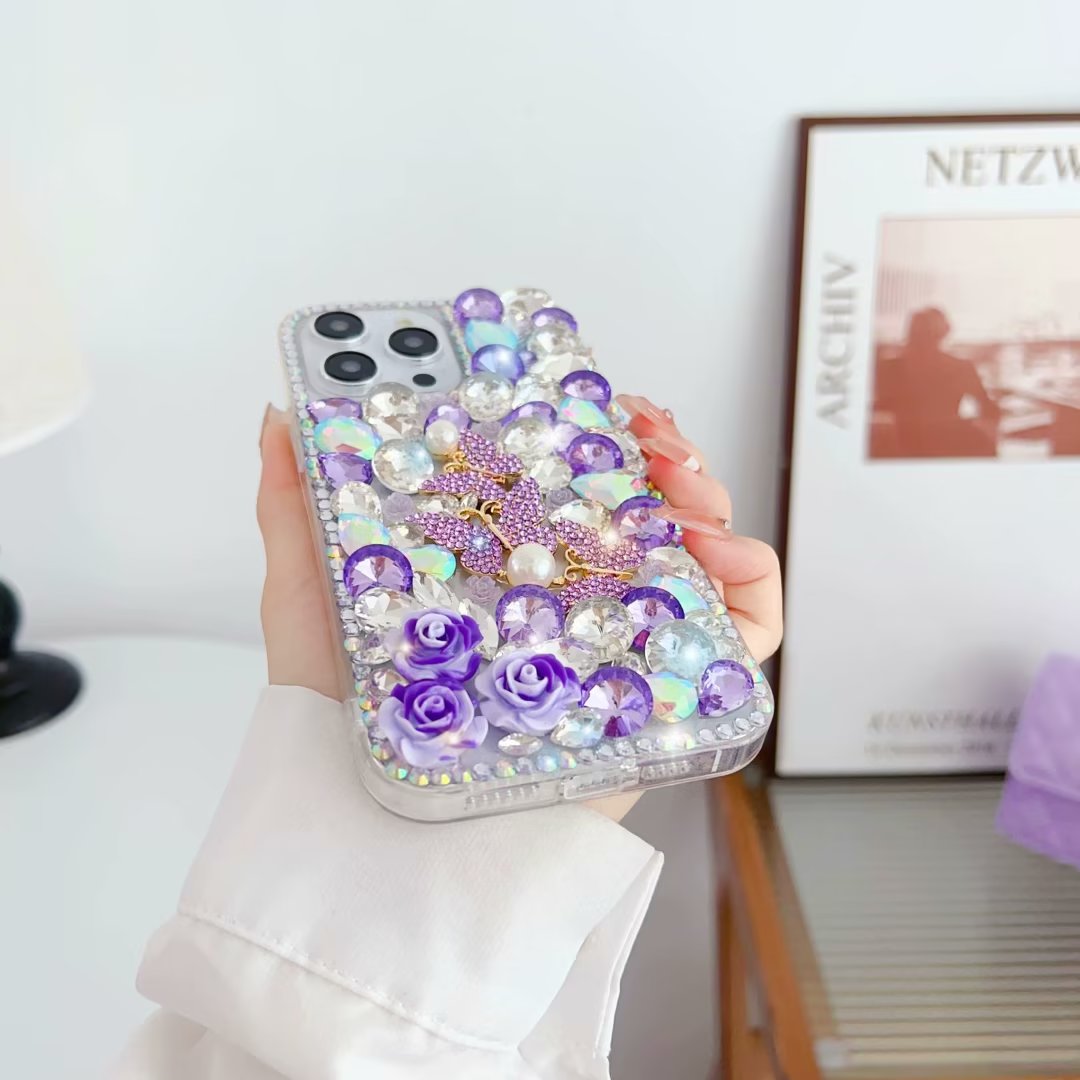 Luxus Bling Diamant 3D Blumen Hüllen für iPhone 15 14 Pro Max 13 12 11 X XR XS 8 7 Plus Shinny Hard PC Acryl Strass Schmetterling Liebe Herz Frauen Telefon Rückseite