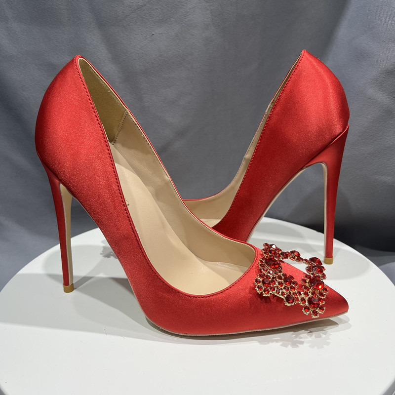 Rouge soie cristal boucles femmes pompes extrême haut talon bout pointu sans lacet pompes élégantes dames chaussures de fête